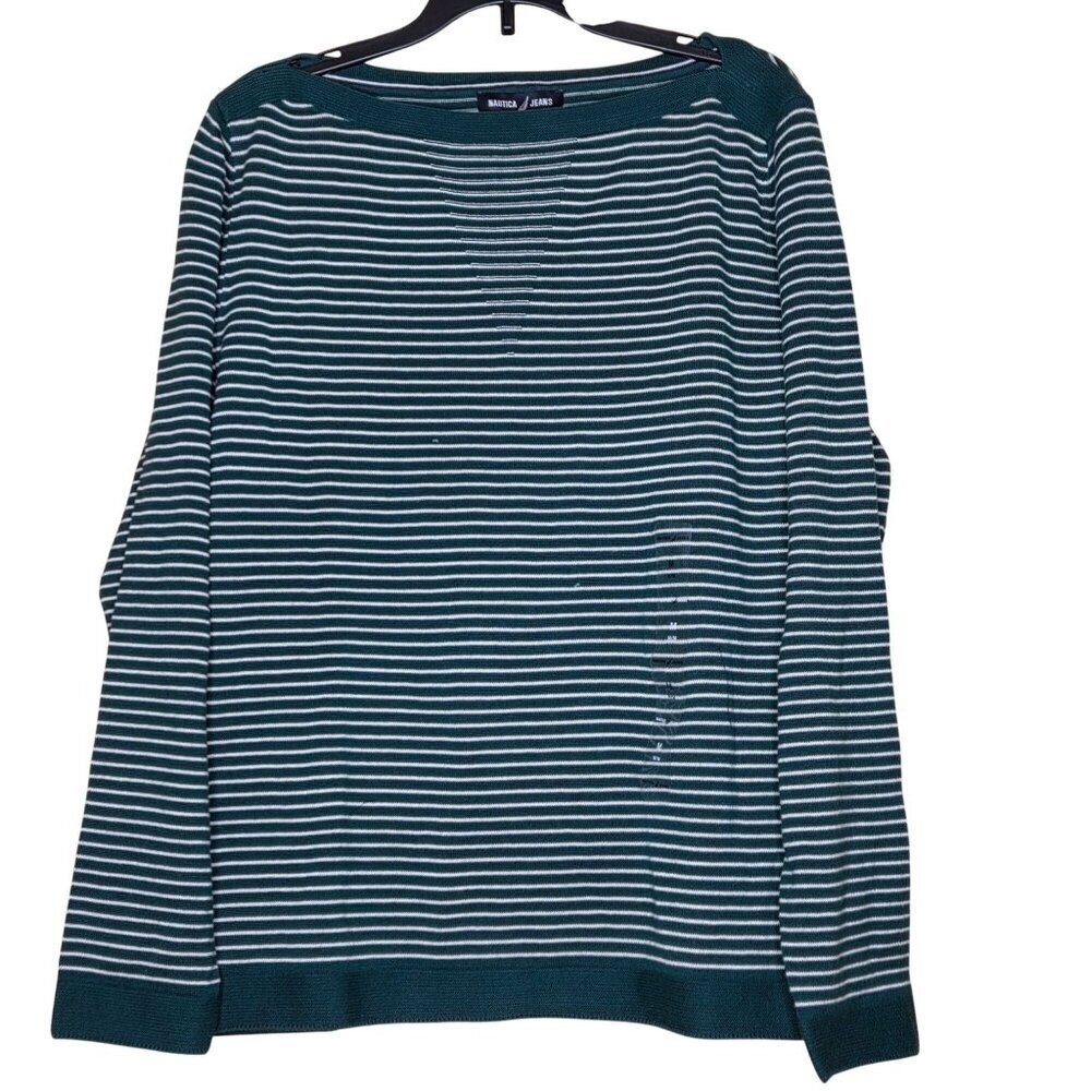NWT Nautica Women's Jeans Long Sleeve Stripe Boatneck Sweater, Forest Multi